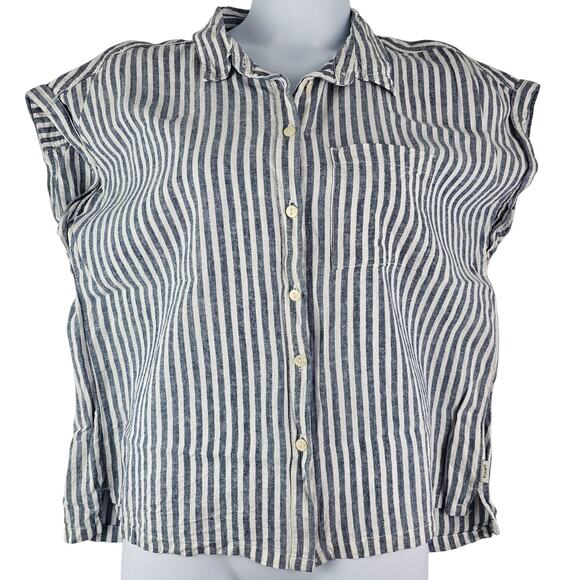 Orvis Linen Shirt Large Womens Striped Blue White Button Up Boxy Boho Lagenlook - Picture 1 of 16